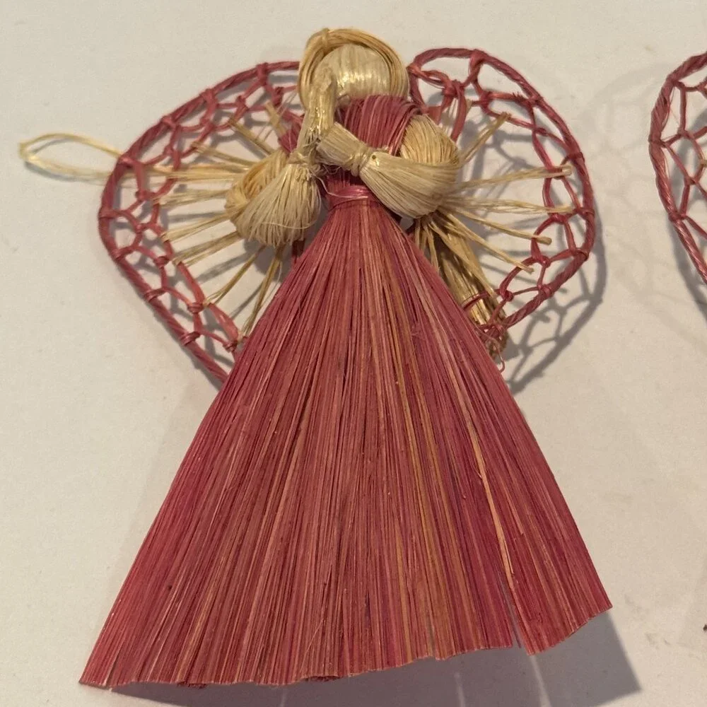Vintage Raffia Straw Angel Ornaments Set of 3 Red & Natural Farmhouse Christmas